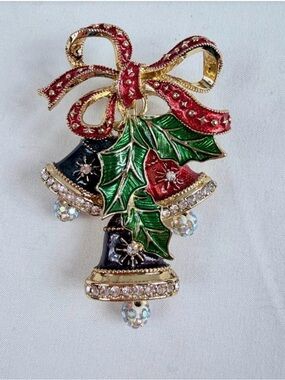 Napier Christmas Triple Bells Brooch Moving Rhinestone Clappers Enameled Jewelry